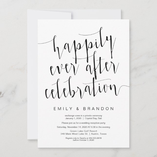 Invitación Guión negro moderno editable, fuga de novios (Anverso)