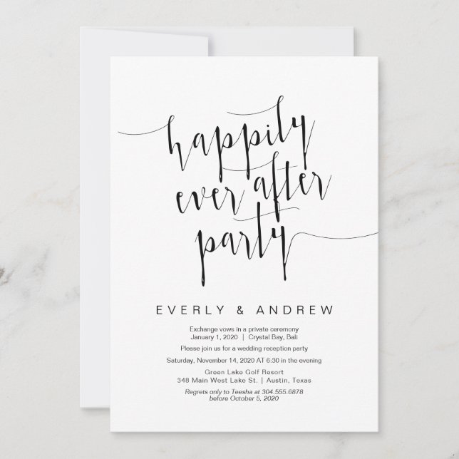 Invitación Guión negro moderno editable, fuga de novios (Anverso)
