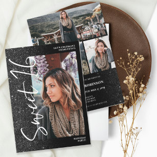 Invitación Guión negro oscuro purpurina 4 fotos Sweet 16