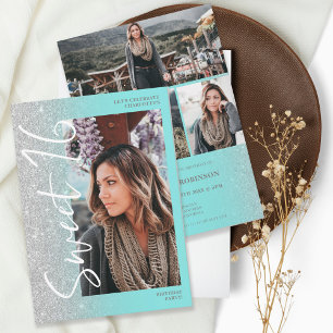 Invitación Guión negro plateado purpurina verde azulado 4 fot