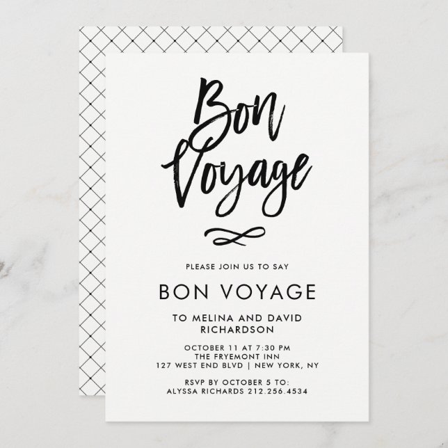 Invitación Guión negro y blanco de moda| Fiesta Bon Voyage (Anverso / Reverso)