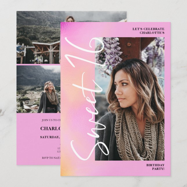 Invitación Guión oscuro holográfico rosado 4 foto Sweet 16 (Anverso / Reverso)