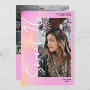 Invitación Guión oscuro holográfico rosado 4 foto Sweet 16