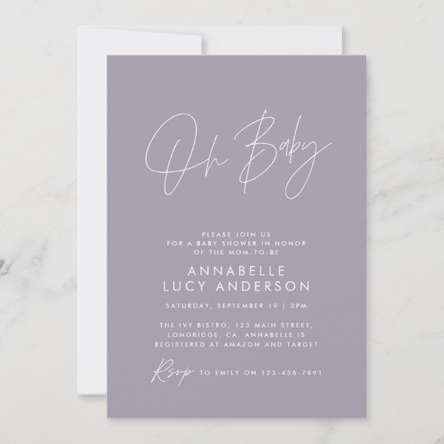 Invitación Guión para la ducha de bebé moderno elegante lilac (Anverso)
