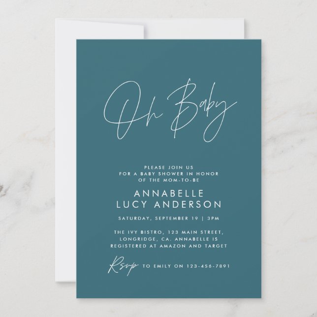 Invitación Guión para la ducha infantil elegante azul verde a (Anverso)