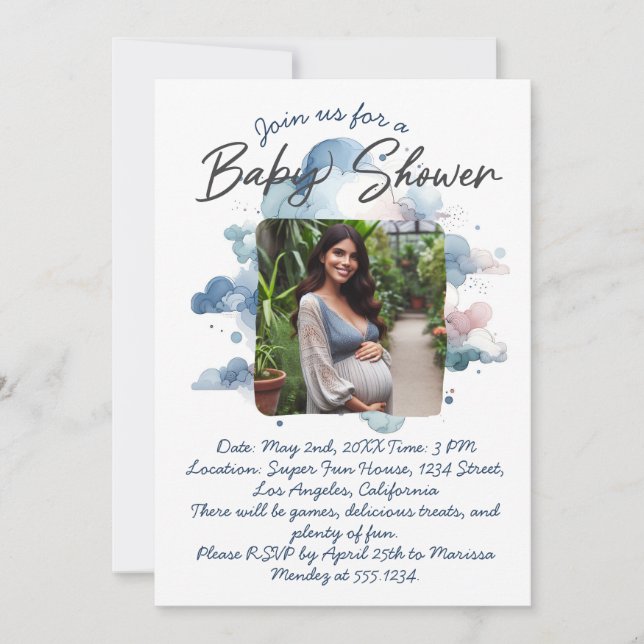 Invitación Guión personalizado de agua azul para baby shower  (Anverso)