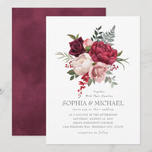 Invitación Guión plateado con Rosa de borgoña pintado a mano