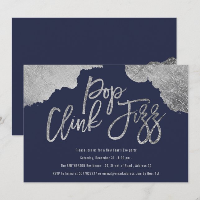 Invitación Guión pop clink guión azul plata Nochevieja (Anverso / Reverso)