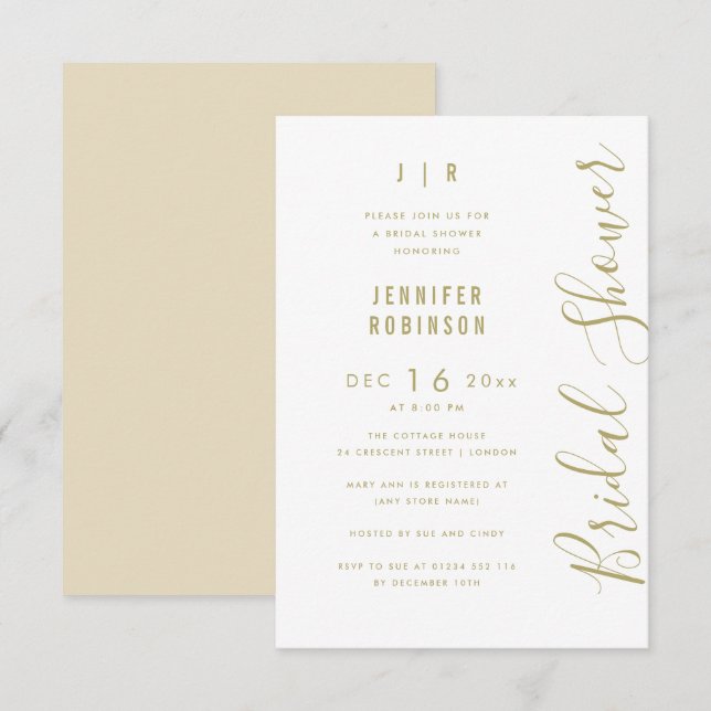 Invitación Guión presupuestario Moderno ducha de novia blanco (Anverso / Reverso)