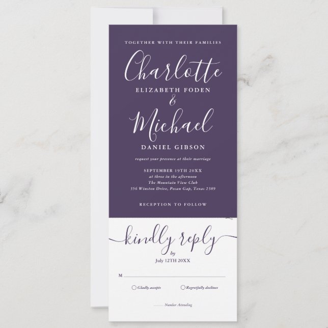 Invitación Guión Purple Elegant Todo En Un Boda De Fotografía (Anverso)