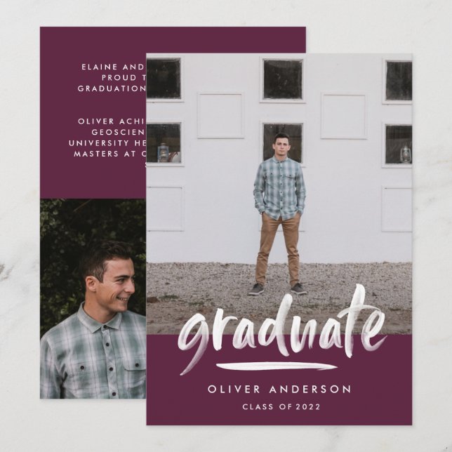 Invitación Guión púrpura moderno 3 graduación elegante de fot (Anverso / Reverso)