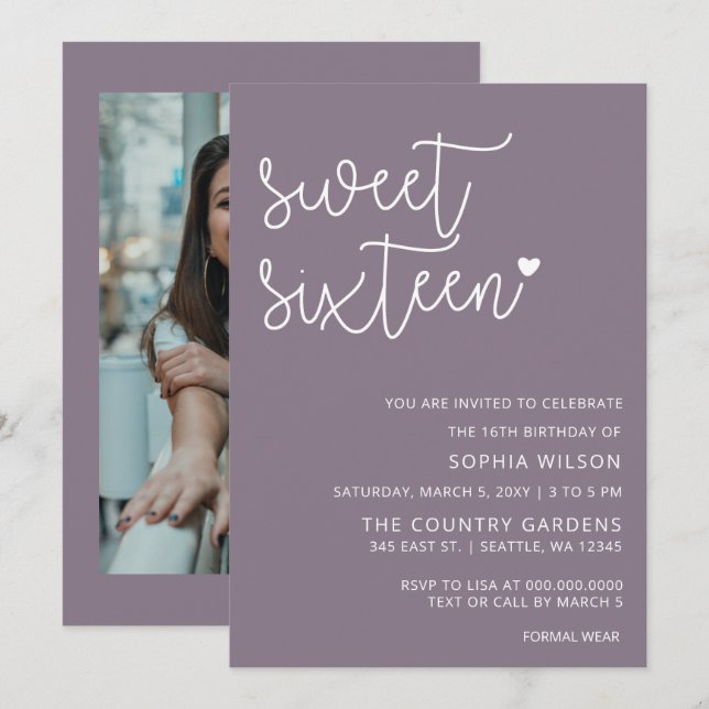Invitación Guión púrpura simple dulce 16 foto de cumpleaños (Anverso / Reverso)