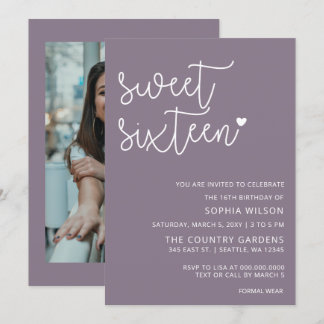 Invitación Guión púrpura simple dulce 16 foto de cumpleaños