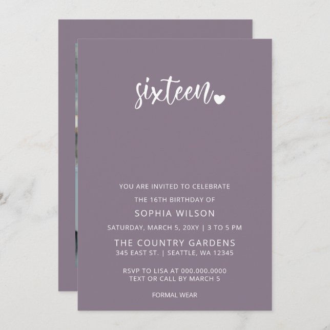 Invitación Guión púrpura simple dulce 16 foto de cumpleaños (Anverso / Reverso)