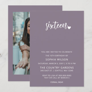 Invitación Guión púrpura simple dulce 16 foto de cumpleaños