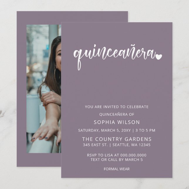 Invitación Guión púrpura simple Quinceanera Foto (Anverso / Reverso)