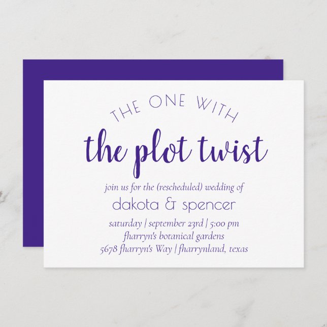 Invitación Guión púrpura simple | Uno con Boda Plot Twist (Anverso / Reverso)