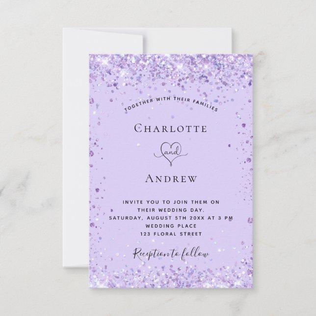 Invitación Guión purpurina de lavanda violeta boda (Anverso)
