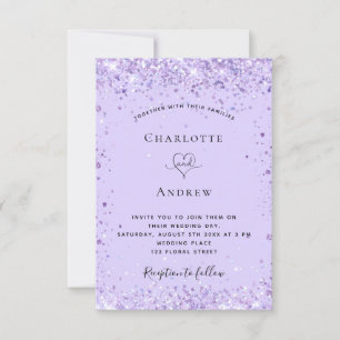 Invitación Guión purpurina de lavanda violeta boda