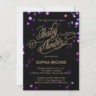 Invitación Guión Purpurina de moda negro y dorado Baby Shower