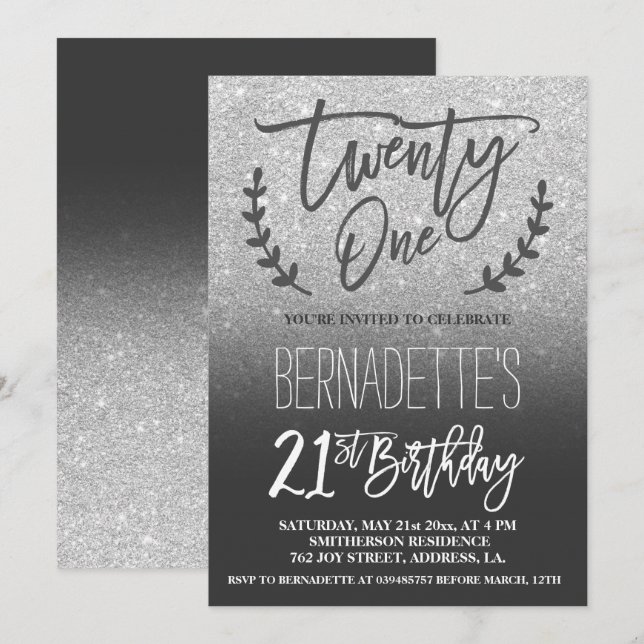 Invitación Guión purpurina de plata falso moderno 21º cumplea (Anverso / Reverso)