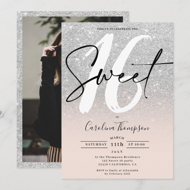 Invitación Guión purpurina plateado foto de borde Sweet 16 (Anverso / Reverso)