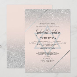 Invitación Guión purpurina plateado moda color rosa Bat Mitzv