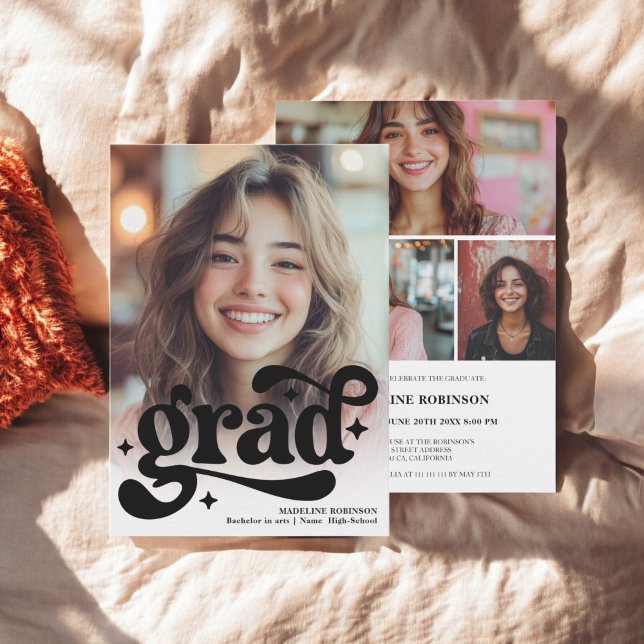 Invitación Guión retro Blanco negro 4 Graduación de fotos (Retro Script Black White 4 Photo Graduation Invitation)