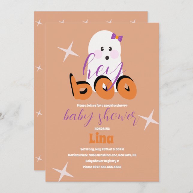 Invitación Guión retro de Baby Shower de Halloween fantasma (Anverso / Reverso)