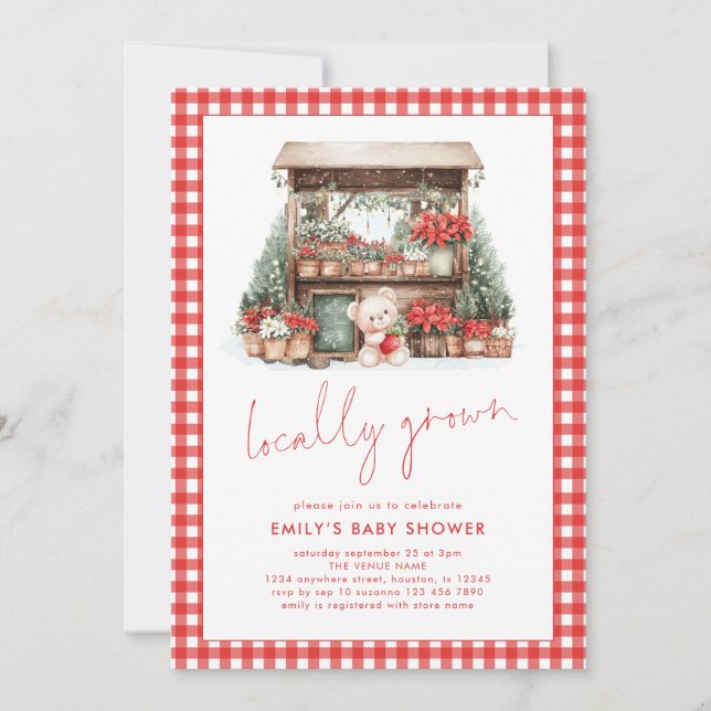 Invitación Guión rojo de Gingham Baby Shower de navidad local (Anverso)