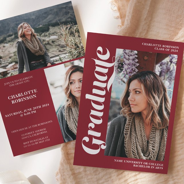 Invitación Guión rojo de graduación 3 foto graduada (Red graduate script 3 photo graduation invitation)