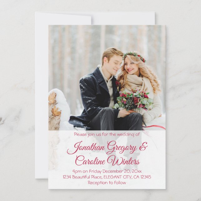 Invitación Guión rojo elegante 2 boda de invierno con fotos (Anverso)