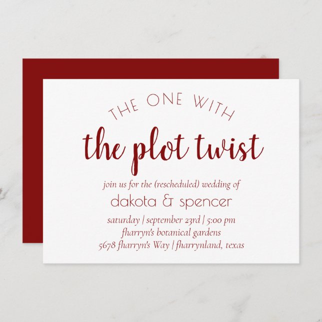 Invitación Guión rojo simple | Uno con Boda Plot Twist (Anverso / Reverso)