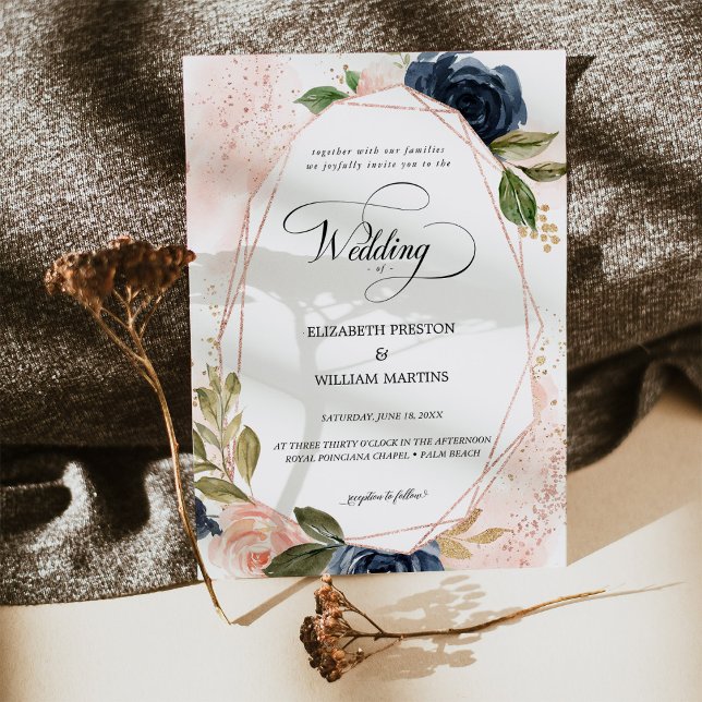 Invitación Guión romántico Boda floral de la marina rosa Rubo (Subido por el creador)