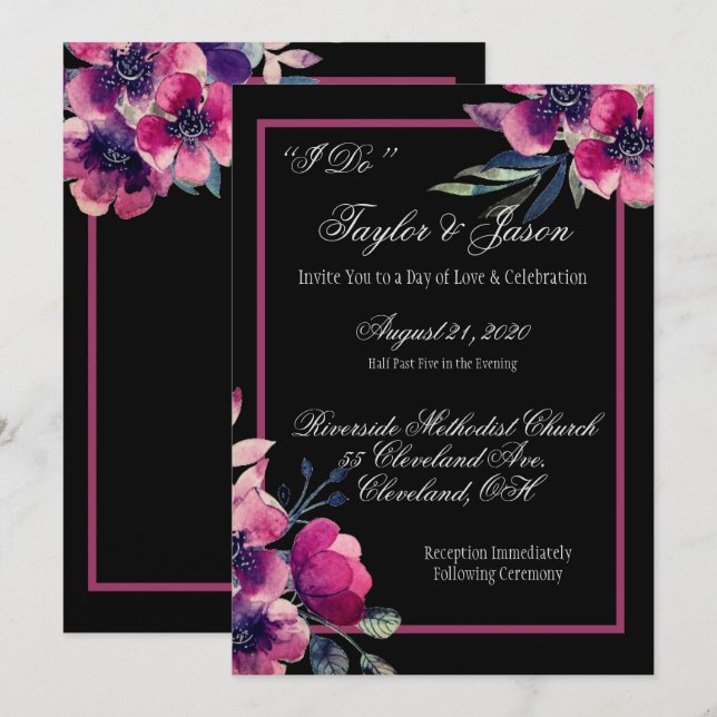 Invitación Guión romántico Boda floral negro y rosa (Anverso / Reverso)