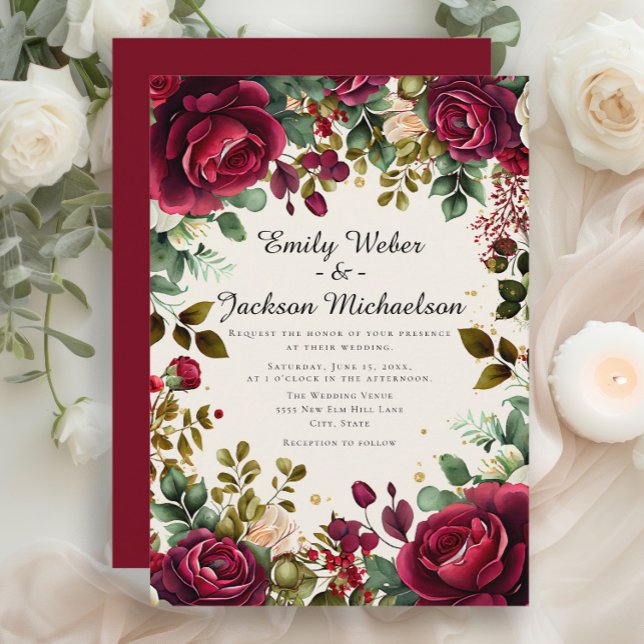 Invitación Guión romántico Borgoña Boda floral (Burgundy / red roses and greenery wedding invitation)