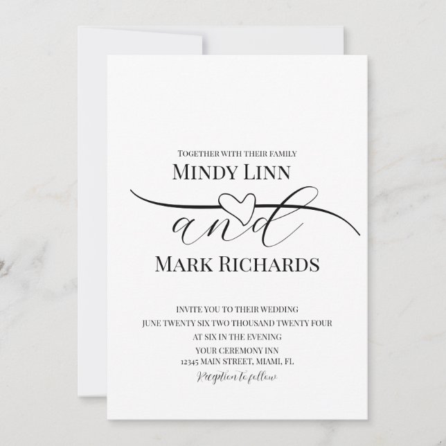 Invitación Guión romántico de línea cardíaca Boda verde negro (Anverso)
