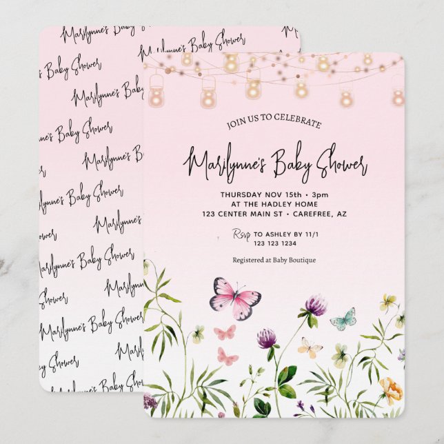 Invitación Guión rosa mariposa flor silvestre Baby Shower (Anverso / Reverso)