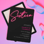 Invitación Guión rosa neón Guay retro foto negra Sweet 16<br><div class="desc">Guión rosa neón de Guay retro foto negro Sweet 16 neon invitacion de cumpleaños.</div>