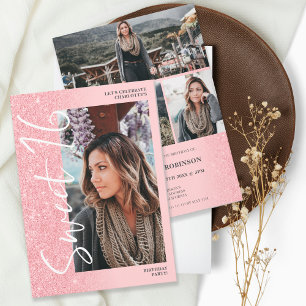 Invitación Guión rosa oscuro purpurina 4 fotos Sweet 16