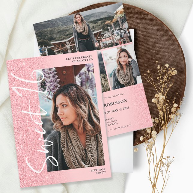 Invitación Guión rosa oscuro purpurina 4 fotos Sweet 16 (Subido por el creador)