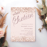 Invitación Guión rosa Rubor moderno Sweet 16<br><div class="desc">Una invitación moderna de Sweet 16. Un fondo rosa suave y rubor y la palabra Dieciséis escritas con letras grandes. Decorado con chispas falsas,  confetti. Personalice y agregue un nombre y detalles del fiesta.</div>