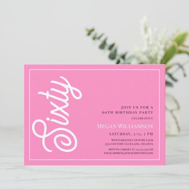 Invitación Guión rosa y blanco moderno 60 cumpleaños (Anverso de pie)