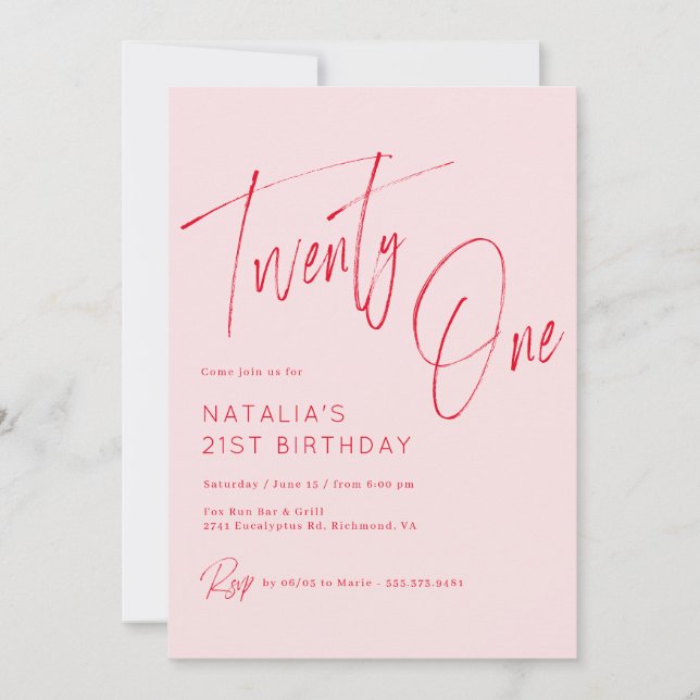 Invitación Guión rosa y rojo de Rubor | Cumpleaños 21 de Girl (Anverso)