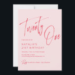 Invitación Guión rosa y rojo de Rubor | Cumpleaños 21 de Girl<br><div class="desc">Invitaciones modernas y femeninas para el 21º cumpleaños con el texto "Veintiuno" en escritura de brocha grande. Fuente roja sobre un fondo rosa suave.</div>