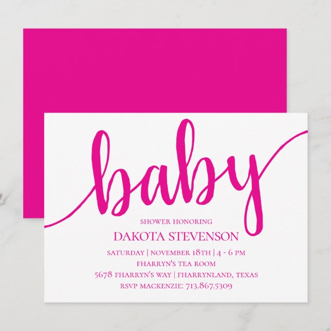 Invitación Guión rosado simple | Florecer Baby Shower (Anverso / Reverso)
