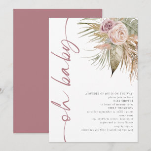Invitación Guión rotado Boho Pampas Rosa Oh Baby Shower