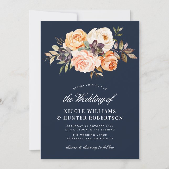 Invitación Guión ruso caída floral boda azul marino (Anverso)