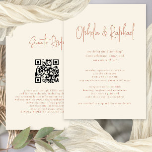Invitación Guión ruso Código QR Boho Cream Boda