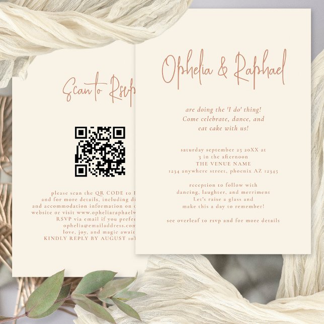 Invitación Guión ruso Código QR Boho Cream Boda (Front and back view. Available digitally or printed.)